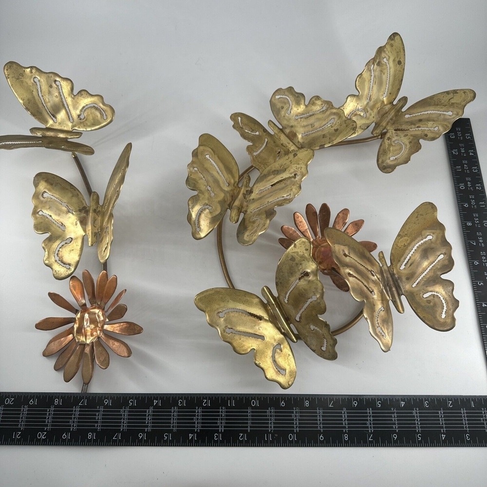 Butterfly & Daisy 2 Pc Wall Art Brass & Copper Mid-Century Decor 17" MCM Vintage